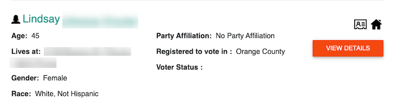 Screenshot of a voter registration information card featuring basic demographic details such as name, age, gender, race, residence, party affiliation, and voter status, with a call-to-action button for more details.