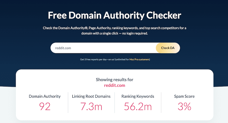 A screenshot of a Moz page that showed the Reddit DA score.