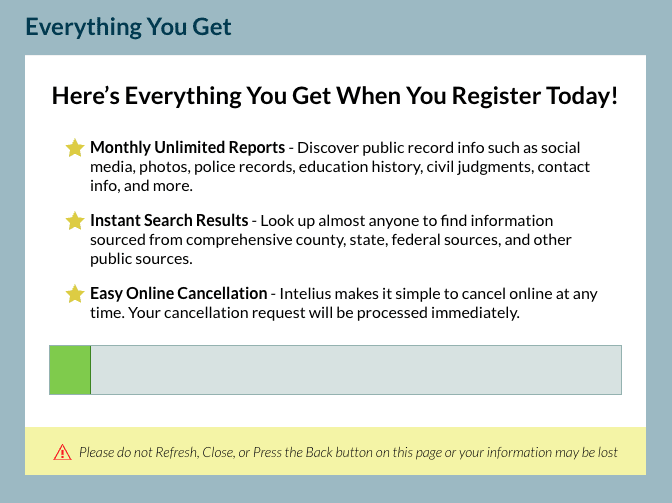 The image is a screenshot of a webpage or digital advertisement that highlights the benefits of registering for a particular service. The benefits listed include comprehensive reports with various types of information such as social media profiles, photos