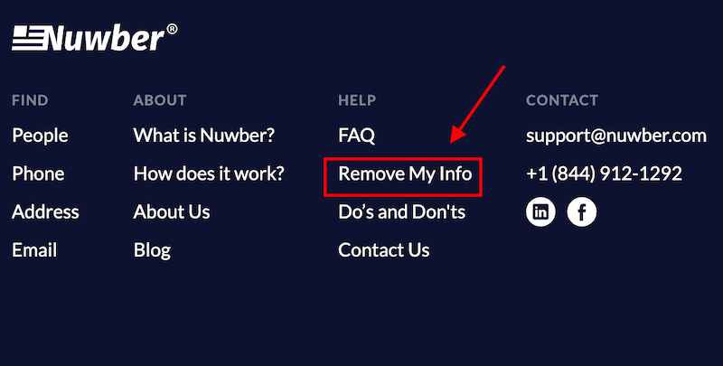 Screenshot of a website navigation menu with an option highlighted by a red arrow, labeled "remove my info" under the faq section, with contact details and social media icons on the right.