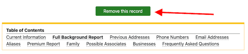 A screenshot displaying a webpage tab labeled "table of contents" with various sections like "current information" and "full background report," highlighted by a red arrow pointing to a button labeled "remove this record.