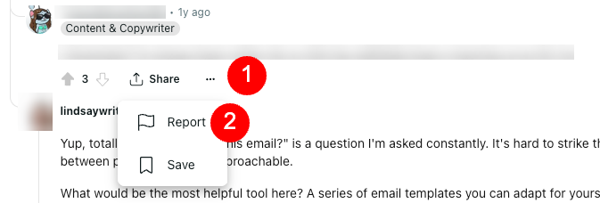 Screenshot of a social media post with a user commenting on the difficulty of crafting an email that balances professionalism with approachability, alongside options to share, report, and save the post.
