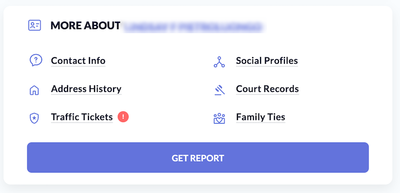 Screenshot of a digital interface titled "more about" with icons for contact info, social profiles, address history, court records, traffic tickets, and family ties. a red notification badge is on traffic tickets. a "get report" button is below.