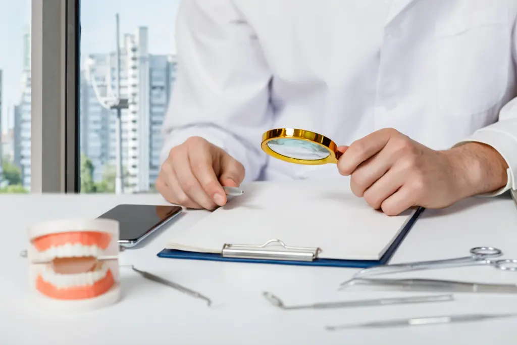 A person in a white coat holds a magnifying glass over a clipboard on a desk with dental tools, a model of teeth, and a smartphone, with a cityscape visible through the window.