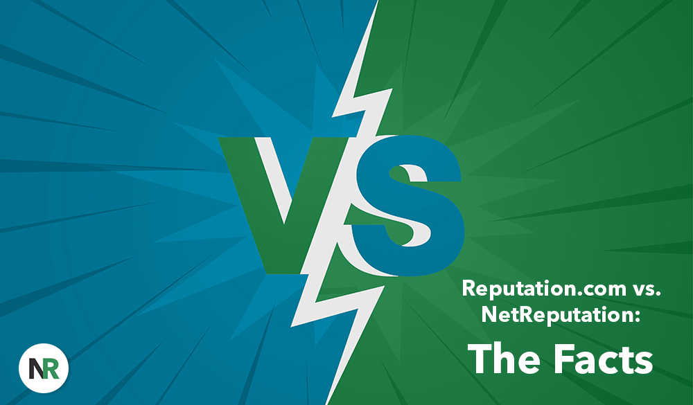 Graphic illustration of a thunderbolt dividing the text "vs" in the center, with "reputation.com vs. netreputation: the facts" and logos nr on a vibrant blue and green background