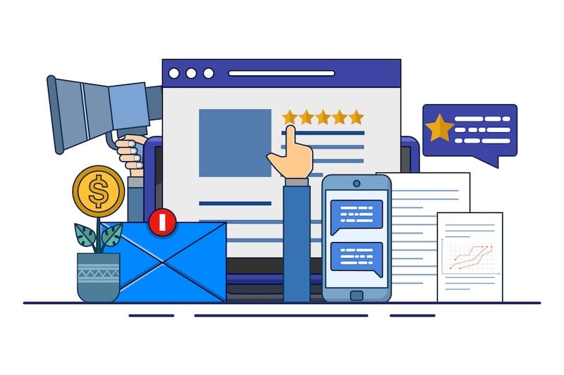 A graphic with various types of brand monitoring visuals, including email alerts and review management.
