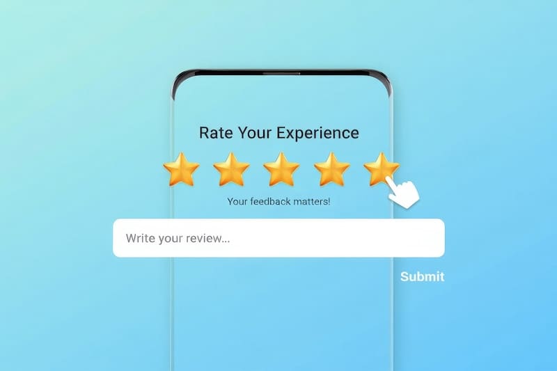 A phone with a review request on the screen.
