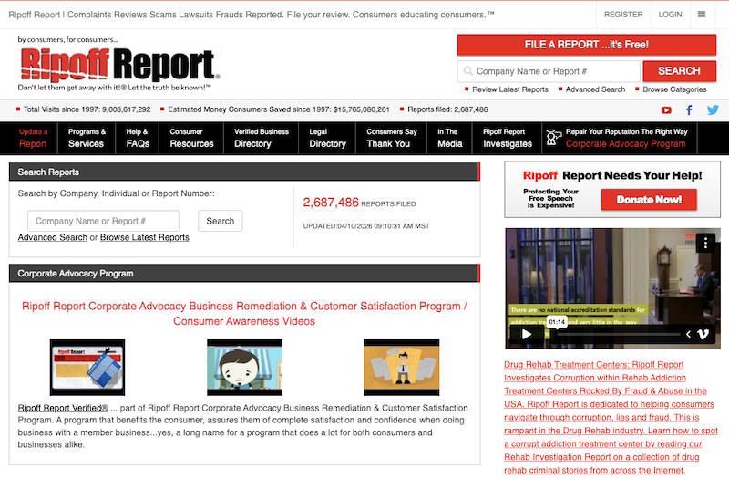 The home page of the Ripoff Report website, where the process of Ripoff Report removal begins.