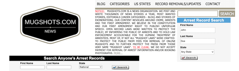 The search function on Mugshots.com to start to remove arrest records online.
