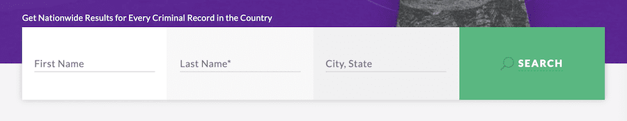 A webpage snippet featuring a search form on arrestfacts.com for obtaining nationwide results for criminal records, requiring the user to input a first name, last name, and city/state before clicking the "search