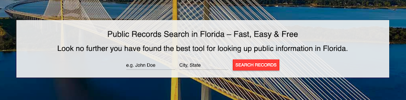 A scenic aerial view of a long suspension bridge over water with an overlay of a website banner for a public records search service in florida, offering a fast, easy, and free way to look up public information.