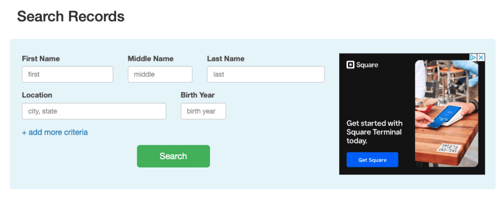 Screenshot of a FamilyTreeNow search records database interface with a pop-up advertisement for 'square terminal' on the right, featuring an image of a person's hand using a payment card on a square device