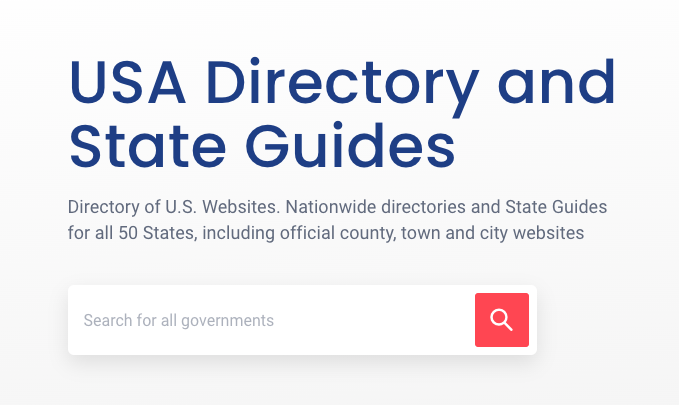 A webpage header titled "usa directory and state guides" with a description about directories for u.s. websites covering all states and a search bar labeled "search for all governments.