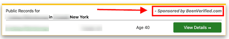 Screenshot of an online public record search interface showing a partially visible search result and a 'sponsored by beenverified.com' tag, with a 'view details' button in green.