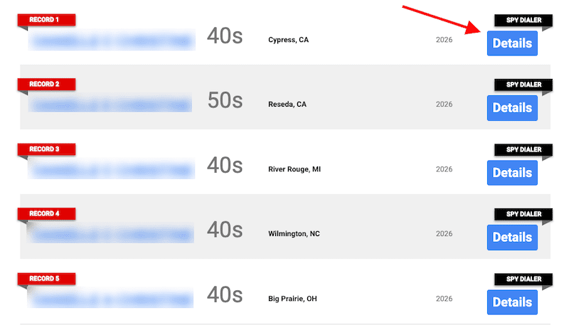 A list of five records shows age ranges, locations, and a blue "Details" button to the right of each row. A red arrow highlights the first "Details" button. Sensitive information is blurred, ensuring privacy for those who spydialer opt out.