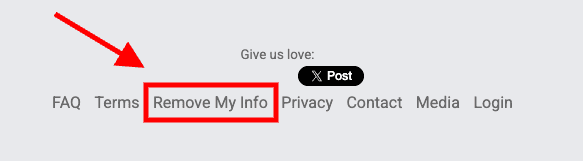A red arrow points to the “Remove My Info” link—often used for spydialer opt out—in a website footer menu, which is highlighted with a red box. Other links like FAQ, Terms, Privacy, Contact, Media, and Login are also visible.