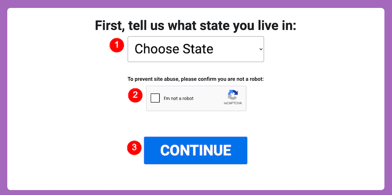 A website form for spydialer opt out asks users to select their state from a dropdown, check an "I'm not a robot" reCAPTCHA box, and click a blue "CONTINUE" button. Each step is numbered 1, 2, and 3 in red circles.
