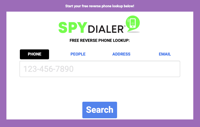 A webpage for Spy Dialer offers a free reverse phone lookup with tabs for phone, people, address, and email. A search bar and blue "Search" button are below. Users can also access spydialer opt out options for privacy concerns.