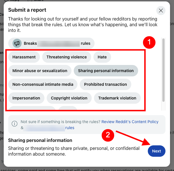 Screenshot of a digital reporting form highlighting various issues such as harassment, sensitive information, and trademark violation, with arrows pointing to the "next" button and the impersonation checkbox.