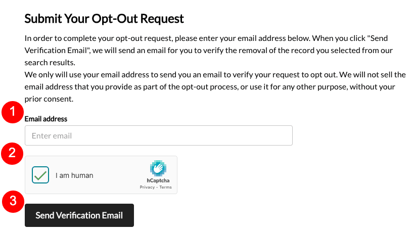 A website form titled "Submit Your Been Verified Opt Out Request" with fields for email address, a checkbox for "I am human" with hCaptcha, and a black "Send Verification Email" button at the bottom. Instructions are displayed above the form.