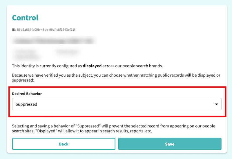 A screenshot of a user interface for privacy settings, highlighting the "desired behavior" dropdown menu with options to control the visibility of public records in search results, including an "Intelius opt-out" option