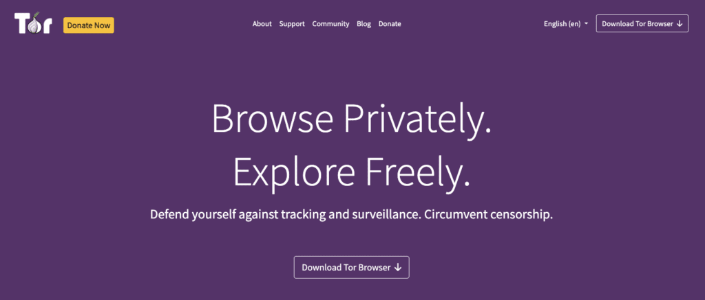 The homepage of the Tor browser.