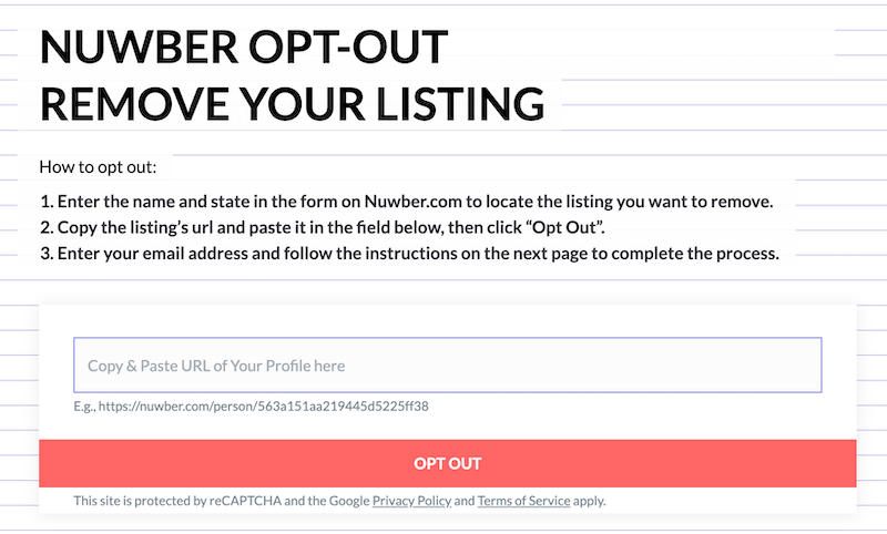 A webpage screenshot showing a "number opt-out" form where users can enter their name, state, and email to remove their listing, with a section to paste a url and an "opt-out" button, protected by captcha and a privacy link.