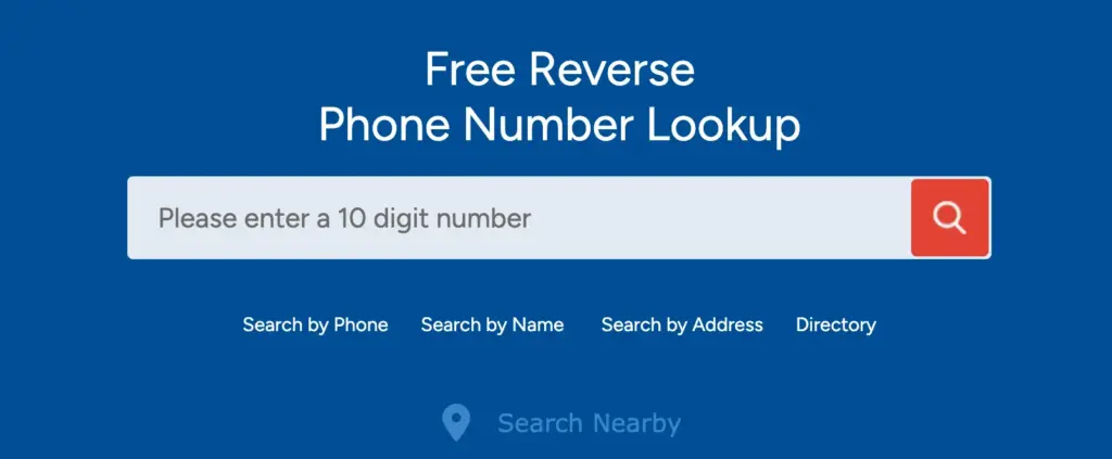 A blue website page with “Free Reverse Phone Number Lookup” at the top, a search bar for entering a 10-digit number, and options to search by phone, name, address, or directory below. Users can also find helpful information about the USPhoneBook Opt Out process directly on the site.