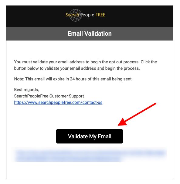 Screenshot of an email validation webpage with a "validate my email" button, a red arrow pointing to the button, and a link to a website, urging quick validation as the invite expires in 24 hours.