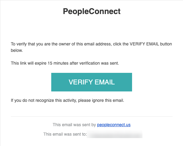 Intelius opt-out screen from PeopleConnect with a 'verify email' button and a note that the link will expire 15 minutes after it was sent.