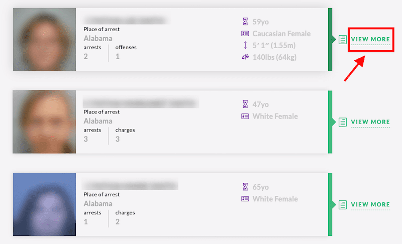 Mugshot data summary with blurred images and demographic information, highlighting the 'view more' feature on arrestfacts.com, including opt-out details.