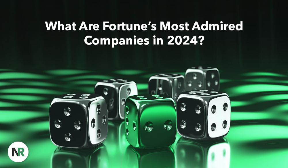 Graphic with white and green dice on a reflective surface and the text "what are fortune's most admired companies in 2024?" in bold, suggesting a theme of business success and strategy.
