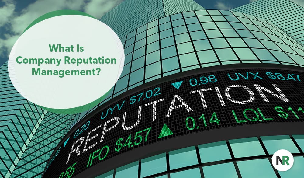 Exploring the facets of company reputation management against a backdrop of corporate skyscrapers and financial tickers.