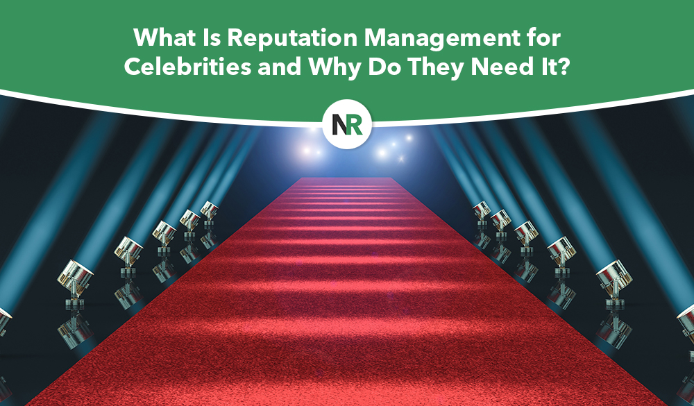 A bright red carpet extends towards a horizon under a spotlight, lined with cameras, with a dark audience and green curtains in the background. Text overhead asks, "What is reputation management for celebrities and why