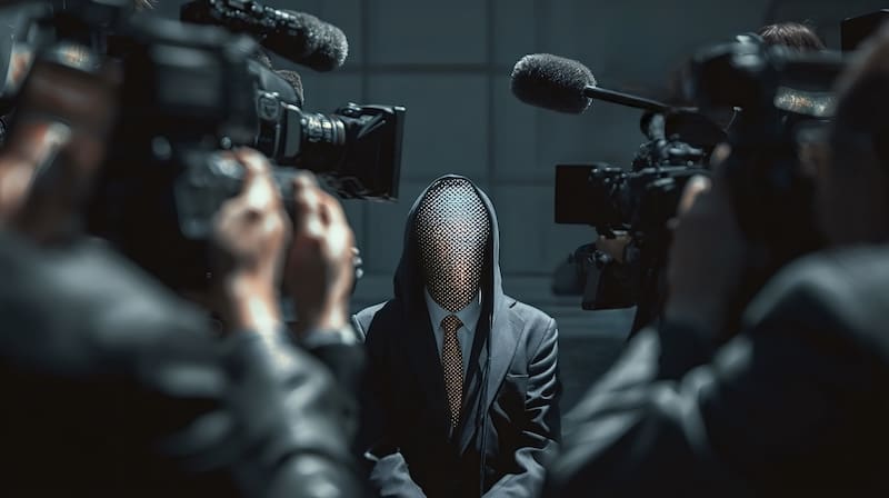 A whistleblower in a suit has his head covered to protect his anonymity while surrounded by journalists holding cameras and microphones.