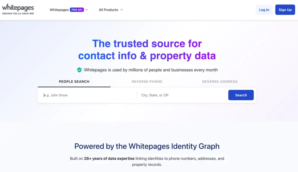 Screenshot of Whitepages homepage with a search form for people, reverse phone, and reverse address lookup, and text that reads “The trusted source for contact info & property data.” This page is also where users often look up how to remove information from Whitepages or manage their personal data privacy.