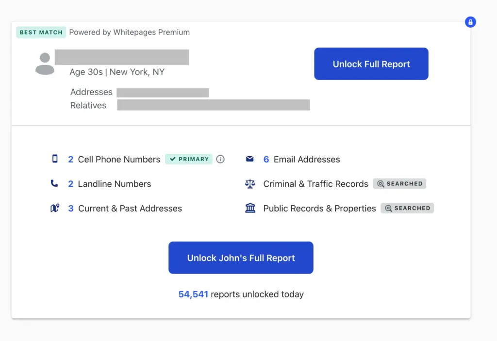 Screenshot of a Whitepages Premium search result showing options to unlock a full report, including phone numbers, addresses, email addresses, and records, with some information blurred out for privacy. If you’re concerned about your privacy or want to learn how to remove your information from Whitepages, understanding these reports can help you take the right steps.