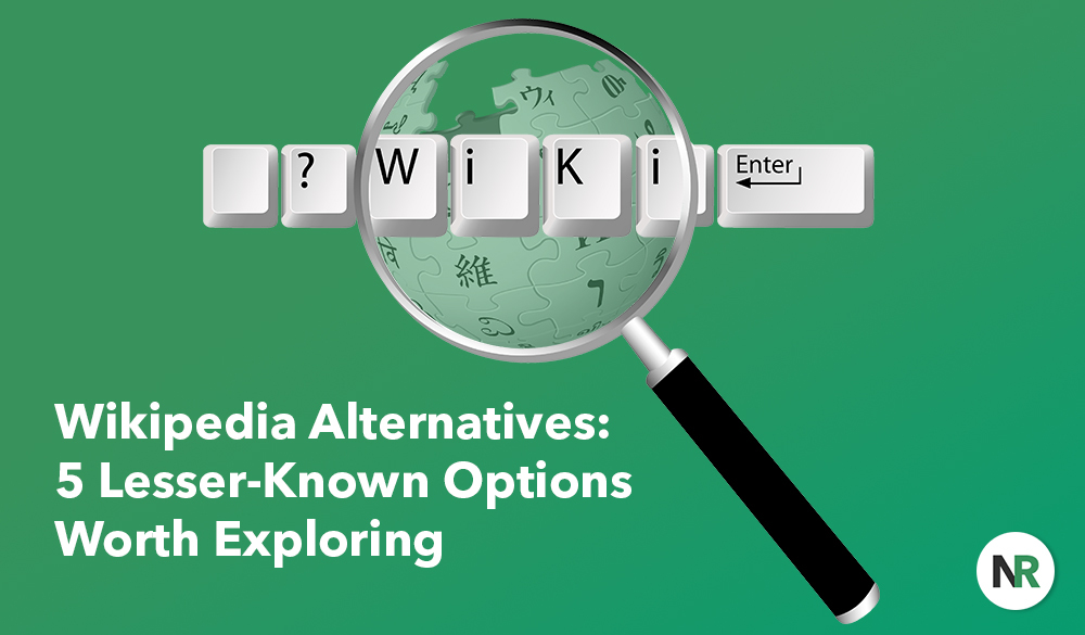 Graphic symbolizing online research with a magnifying glass focusing on the word "wiki" on keyboard keys, against a green background, titled "Wikipedia alternatives: 5 lesser-known options worth exploring".