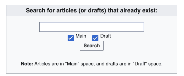 Search box with checkboxes labeled "Main" and "Draft" selected, plus a "Search" button below. A note explains that articles are in the "Main" space and drafts in the "Draft" space—helpful for those wondering how to create a Wikipedia page.
