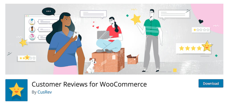 Illustration for "reputation management tips for WooCommerce" showing three diverse people interacting with technology and customer reviews, with a small dog and star ratings visible.