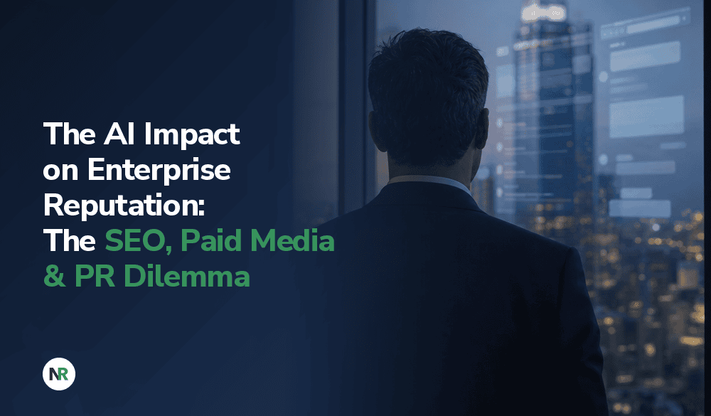 Text overlay reading: “The AI Impact on Enterprise Reputation: The SEO, Paid Media & PR Dilemma,” with a person in a suit looking out a window at a city skyline.