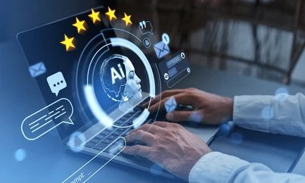 Hands typing on a laptop with digital graphics showing “AI,” a human profile, chat bubbles, a five-star rating, and email icons, representing artificial intelligence technology and communication.