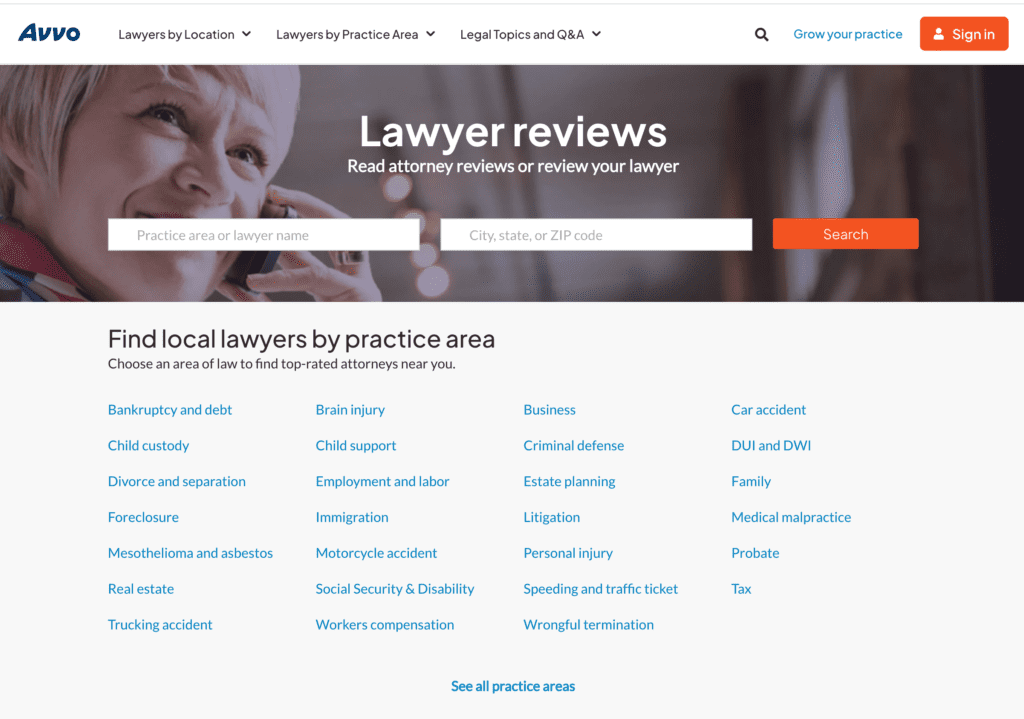 A website homepage for Avvo showing a search bar to find lawyer reviews, with categories like "Bankruptcy and debt," "Car accident," "Child custody," and more listed below, plus navigation menus at the top.