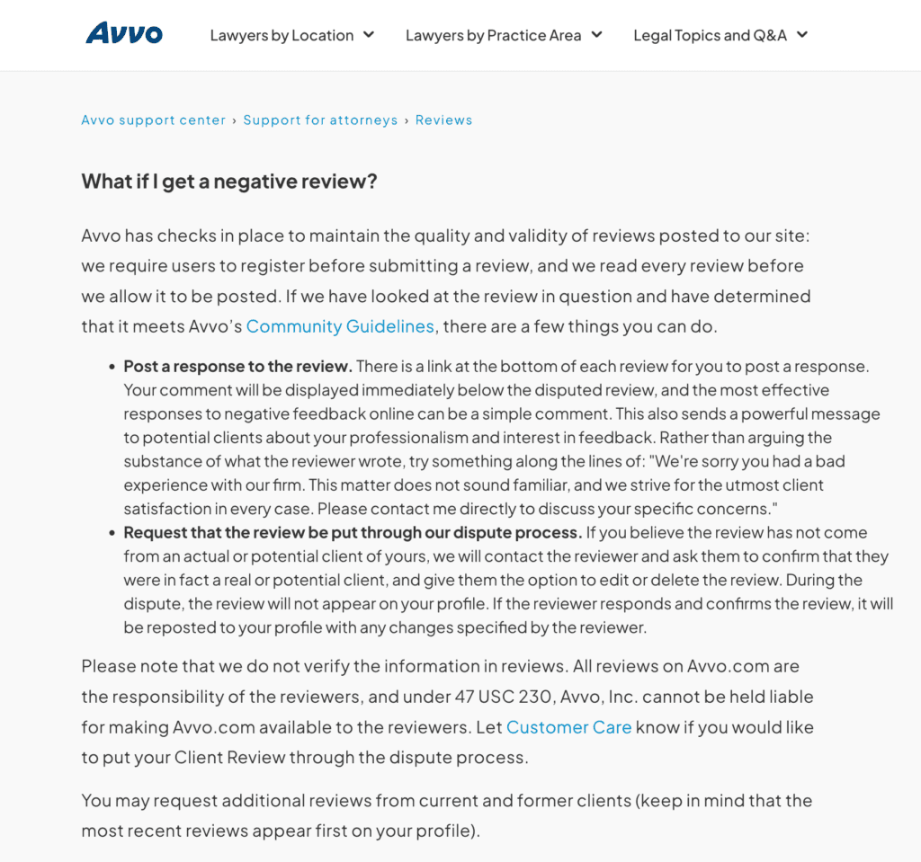 Screenshot of an Avvo support page explaining what to do if you get a negative review, including steps to respond or request removal, with a clean white background and blue text accents.