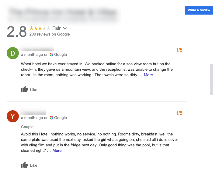 An image capturing a google review page.