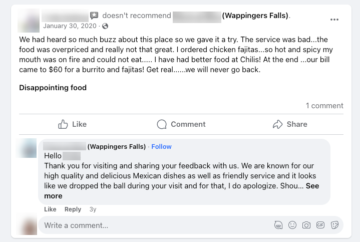 A screenshot of a Facebook page customer review.