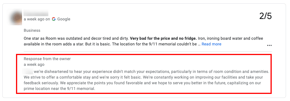 A response by a business owner to a bad Google review.