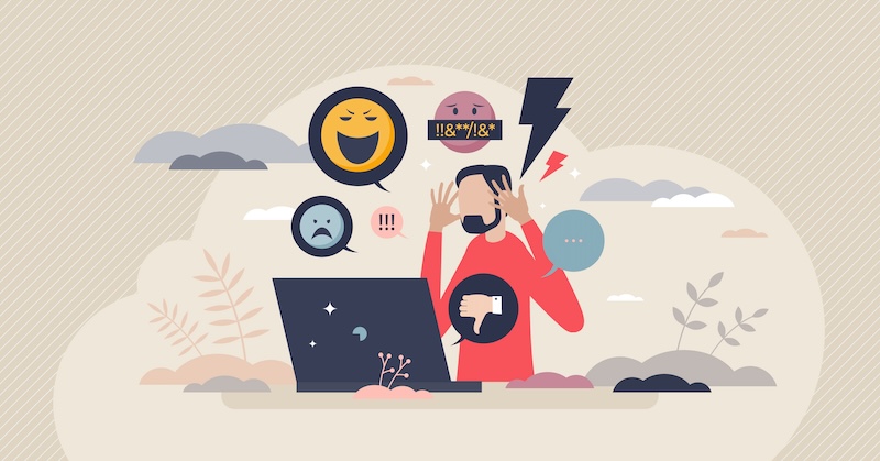A graphic illustration of a person working on a laptop overwhelmed by different emoticons like a happy face, sad face, and a thundercloud, representing various emotions or feedback related to brand reputation management.