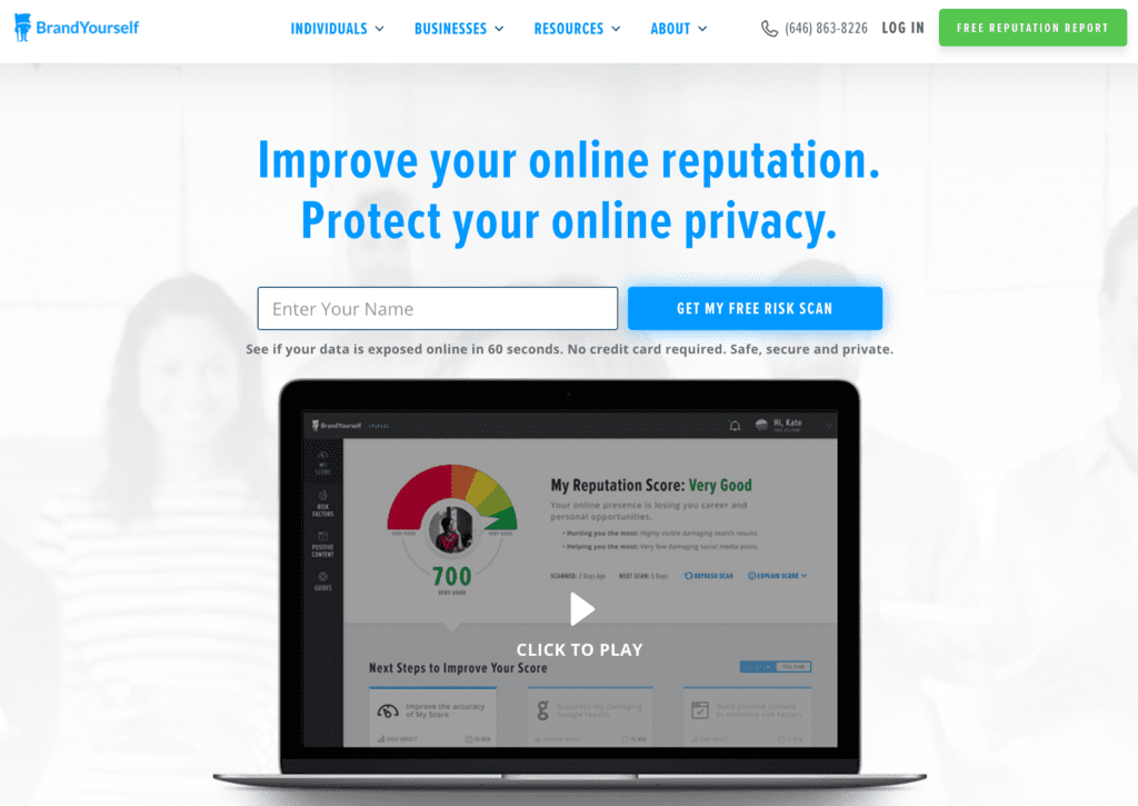A website homepage featuring a form to enter your name for a free online reputation risk scan, with a blurred image of people in the background and a laptop displaying a reputation score—ideal for those seeking top reputation management companies.