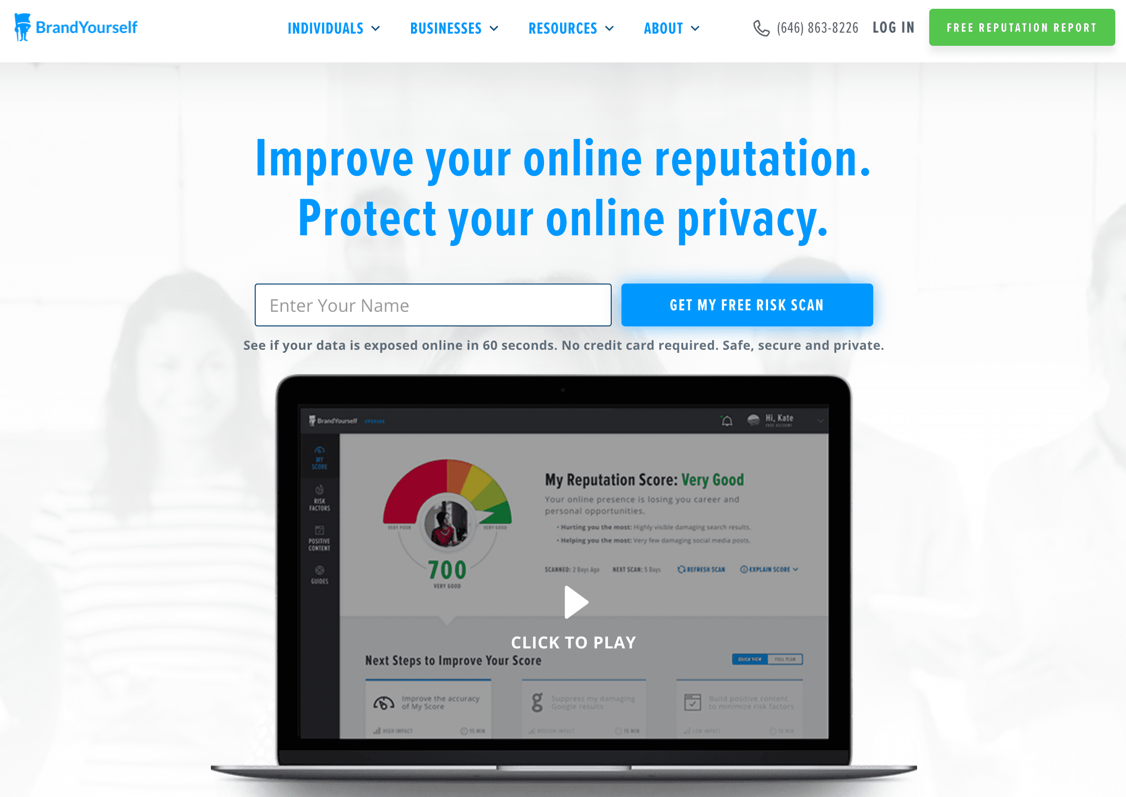 A website homepage featuring a form to enter your name for a free online reputation risk scan, with a blurred image of people in the background and a laptop displaying a reputation score—ideal for those seeking top reputation management companies.